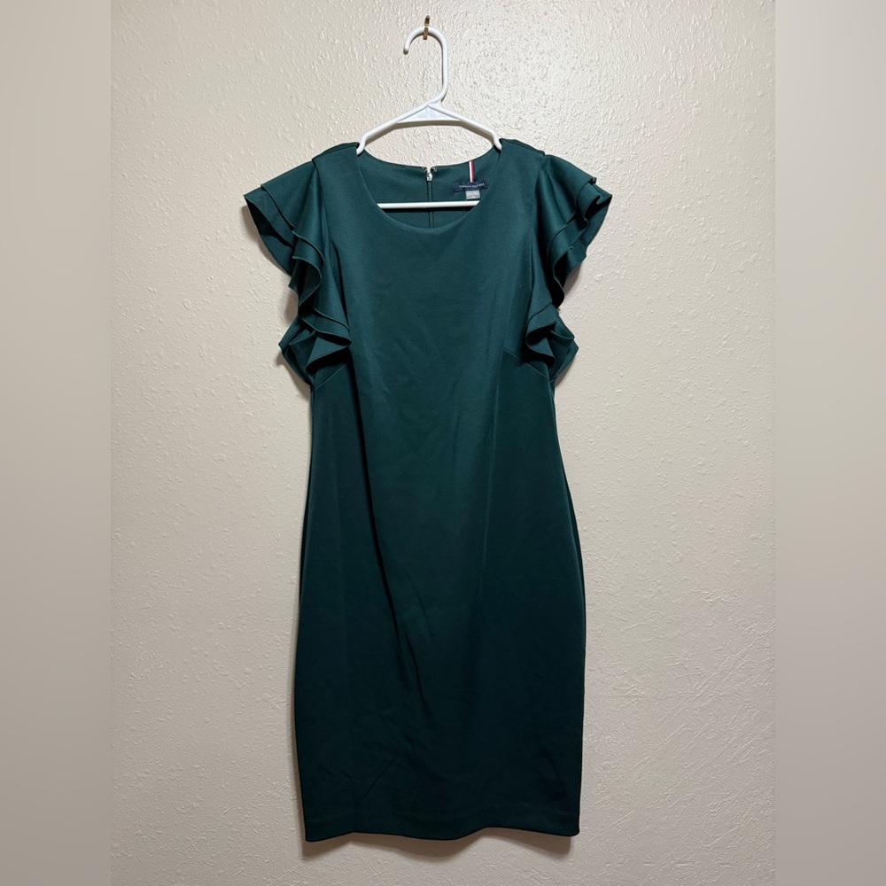 Tommy Hilfiger Dark Green Midi Dress with Ruffle Sleeves